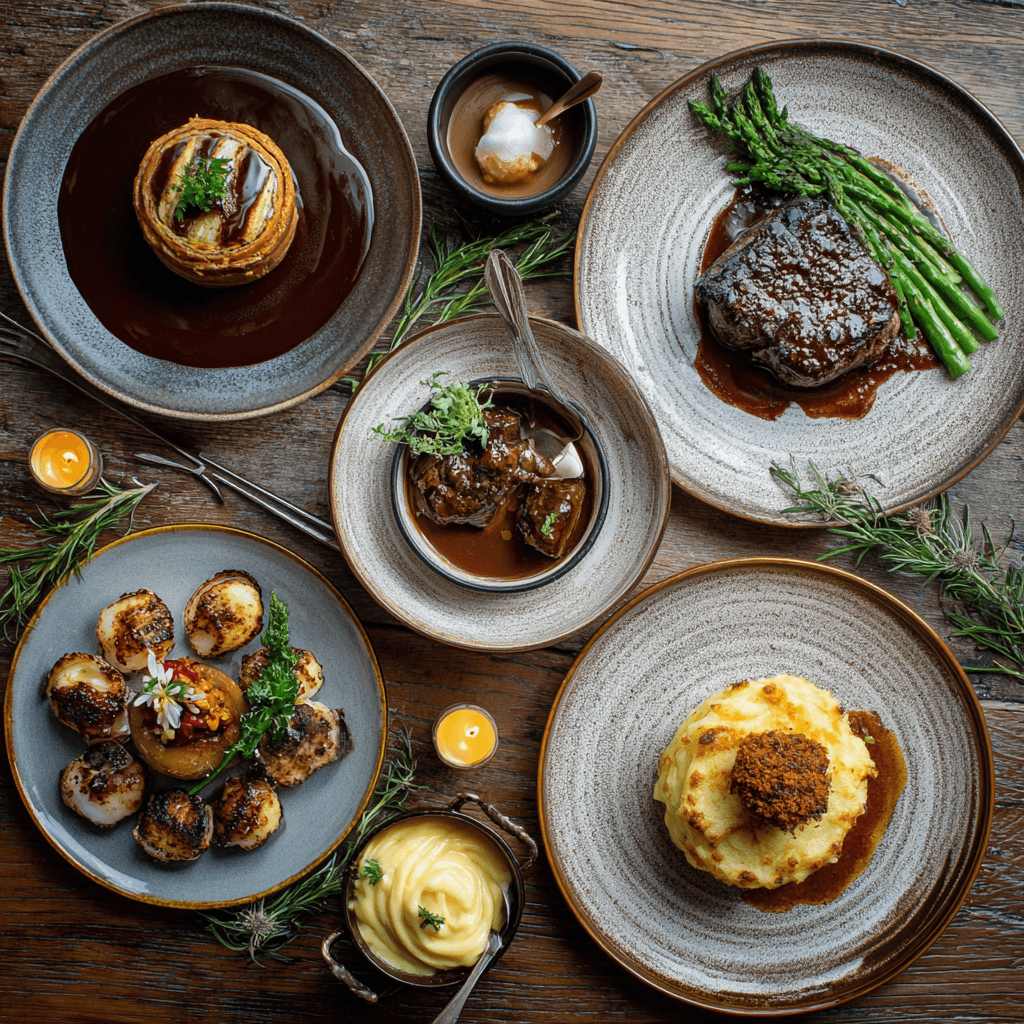 Five famous Gordon Ramsay signature dishes beautifully arranged: Beef Wellington, Sticky Toffee Pudding, Scallops, Shepherd’s Pie, and Full English Breakfast