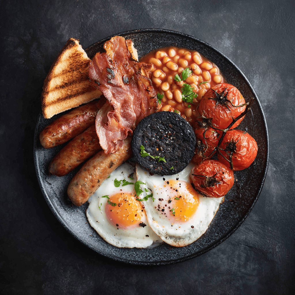 Gordon Ramsay-style Full English Breakfast with eggs, bacon, sausage, black pudding, tomatoes, beans, and toast