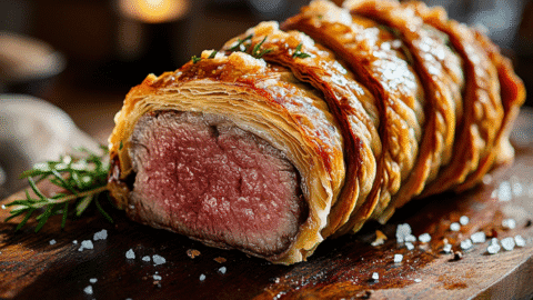 Gordon Ramsay’s Beef Wellington with golden puff pastry and pink beef center on a cutting board