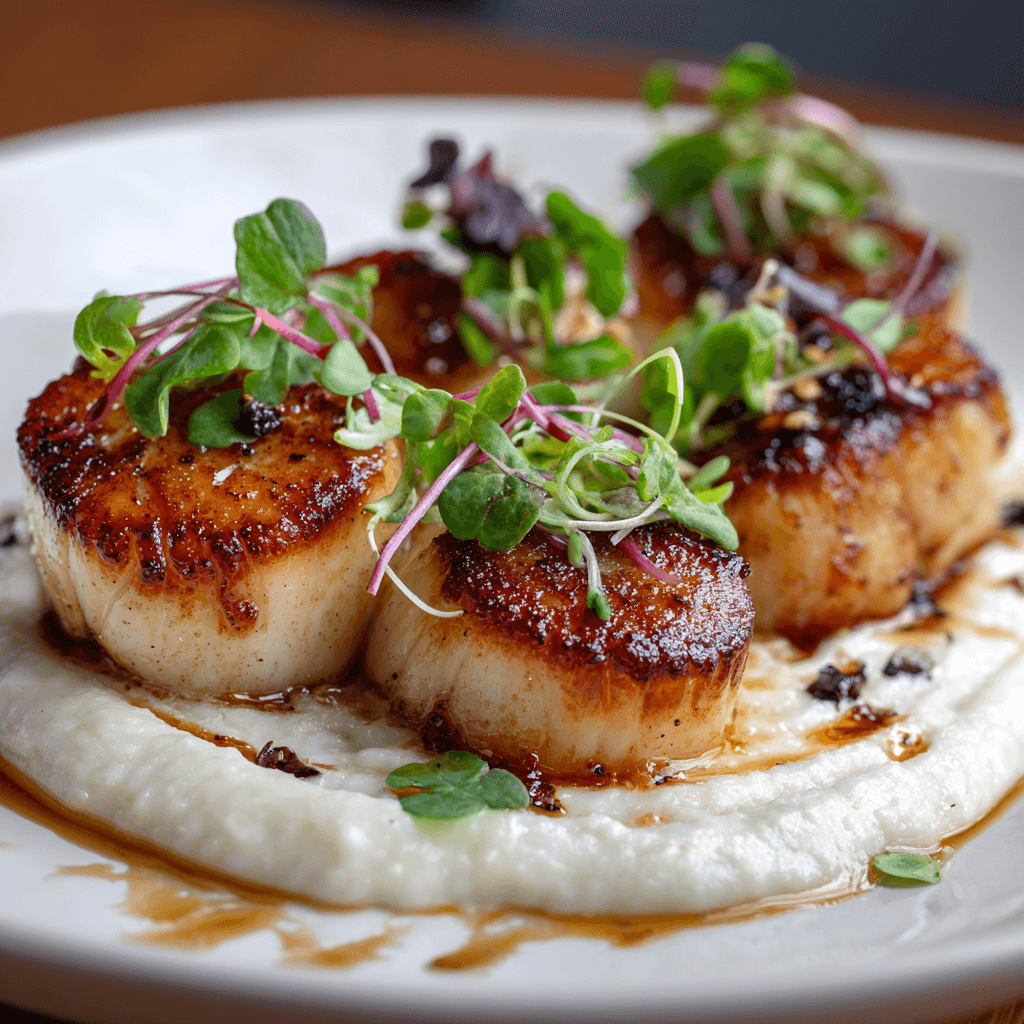 Pan-seared scallops with golden crust on cauliflower purée and garnished with herbs