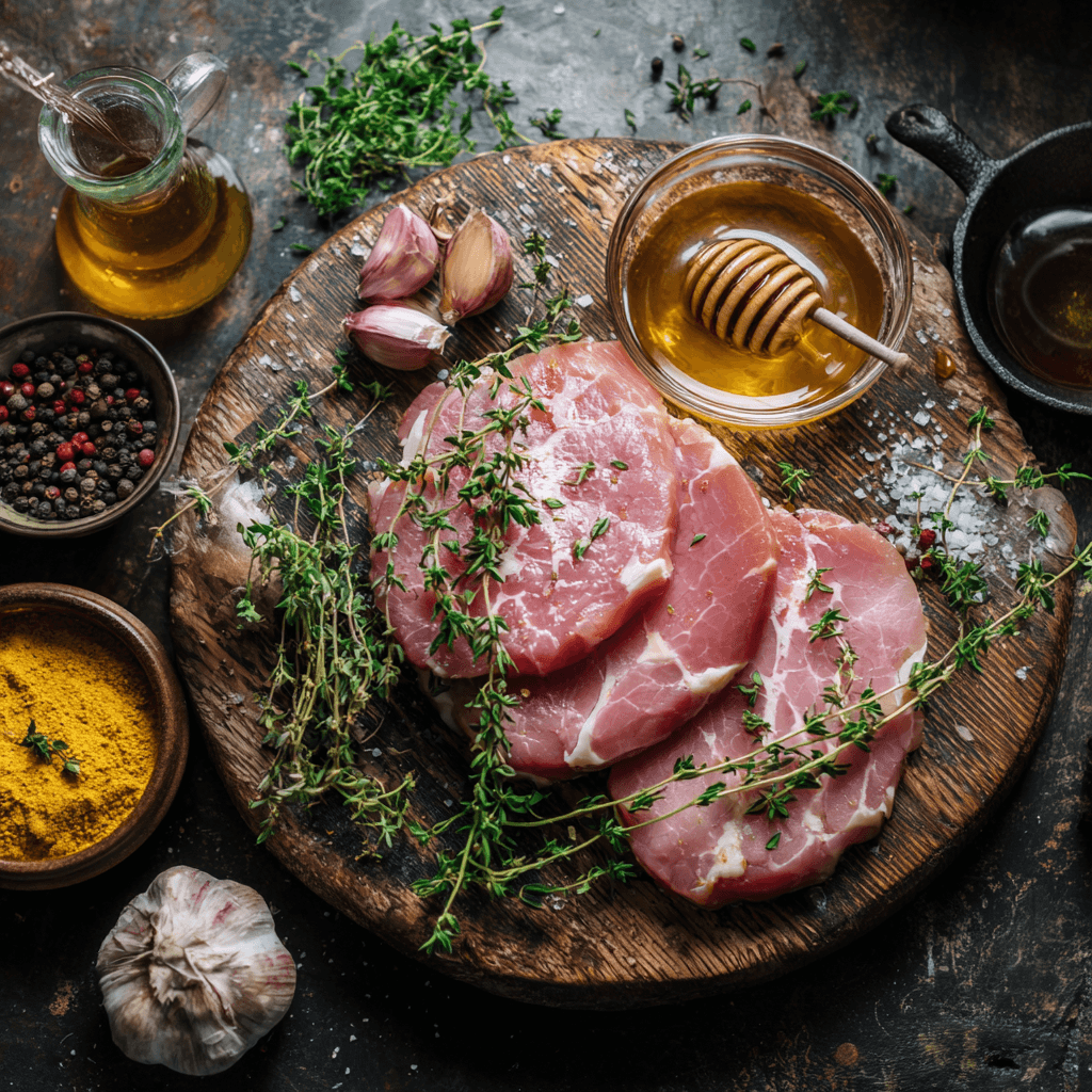 Fresh ingredients for Gordon Ramsay Gammon Steak recipe arranged on wooden board