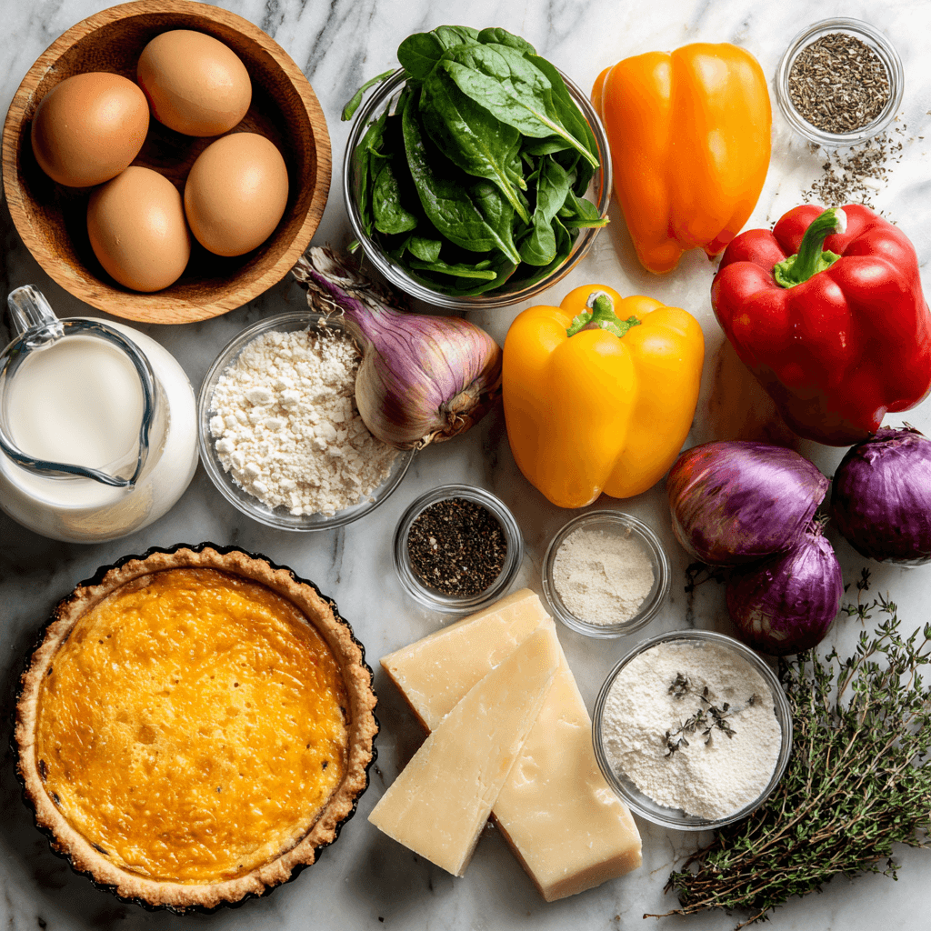 Fresh ingredients for Gordon Ramsay vegetarian quiche arranged on marble countertop