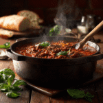 Gordon Ramsay bolognese sauce simmering in cast iron pot with fresh herbs