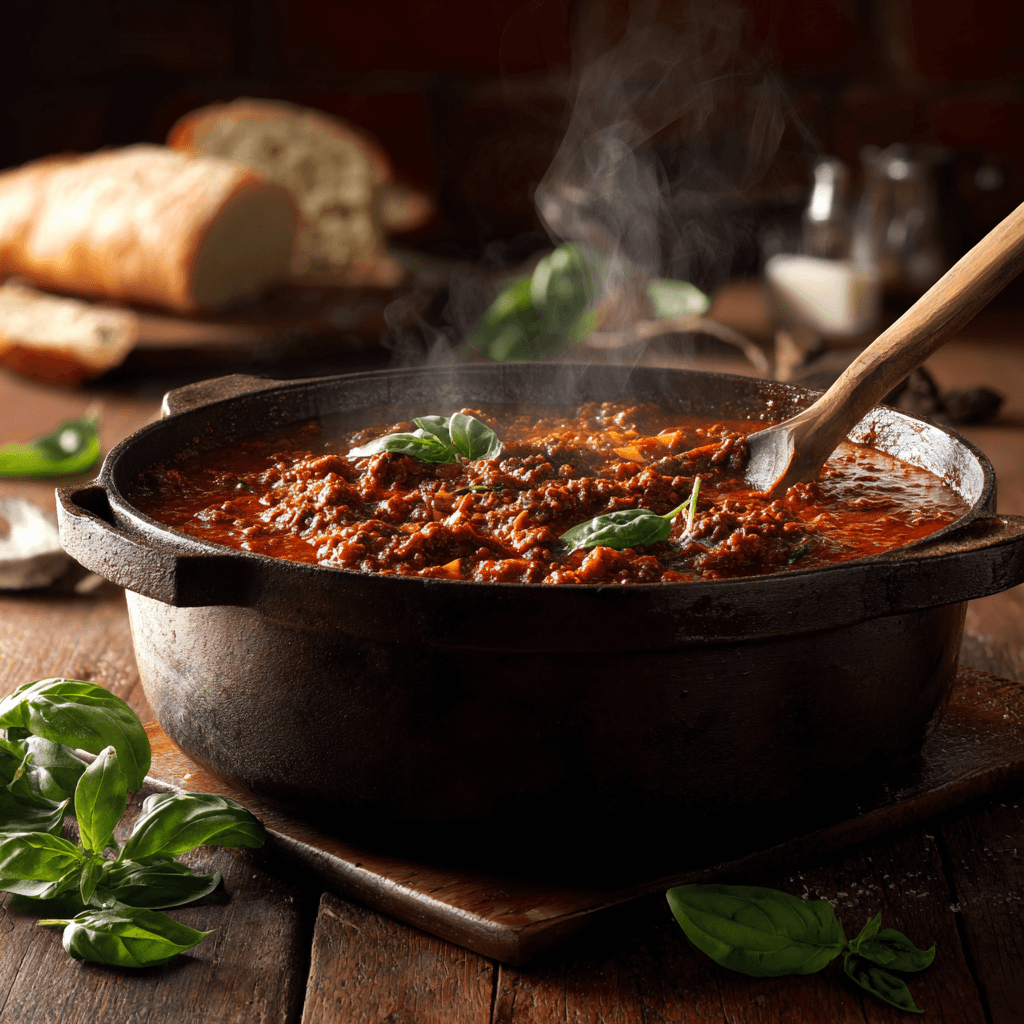 Gordon Ramsay bolognese sauce simmering in cast iron pot with fresh herbs