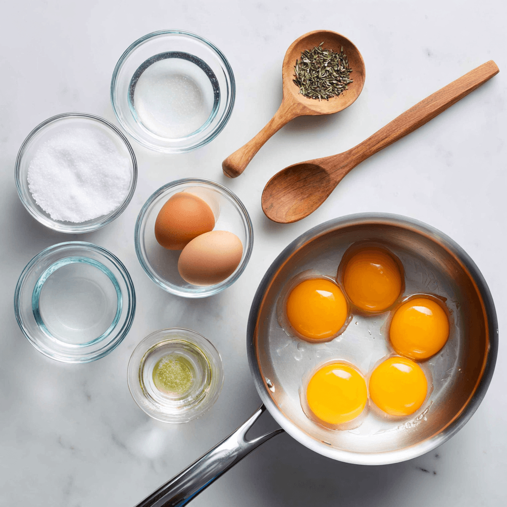 Ingredients for Gordon Ramsay poached egg recipe arranged on marble countertop with fresh eggs and vinegar