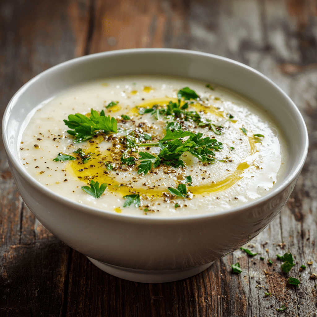 Gordon Ramsay cauliflower soup served in white bowl with herb garnish and olive oil drizzle