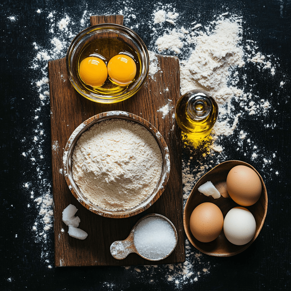 Essential ingredients for making Gordon Ramsay ravioli dough including 00 flour and fresh eggs