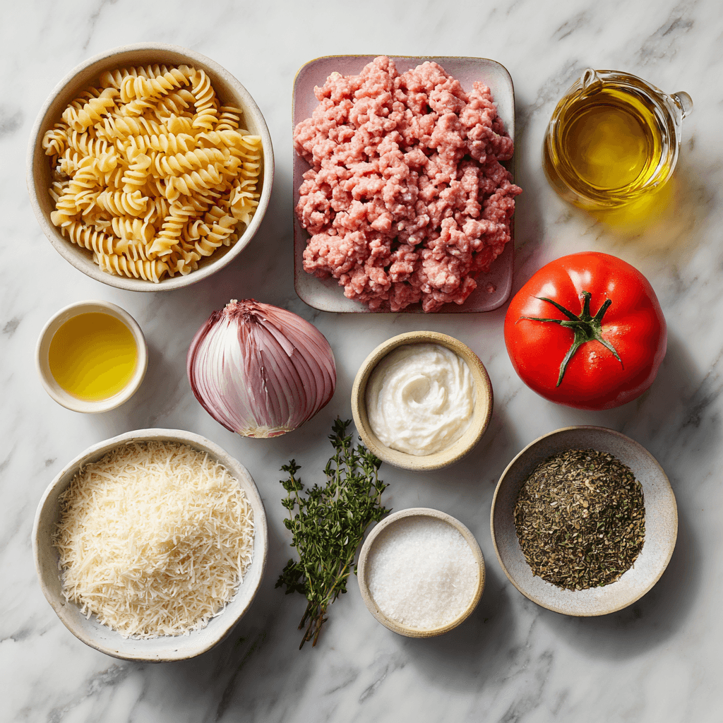 Fresh ingredients for Gordon Ramsay ground turkey pasta recipe arranged on marble surface