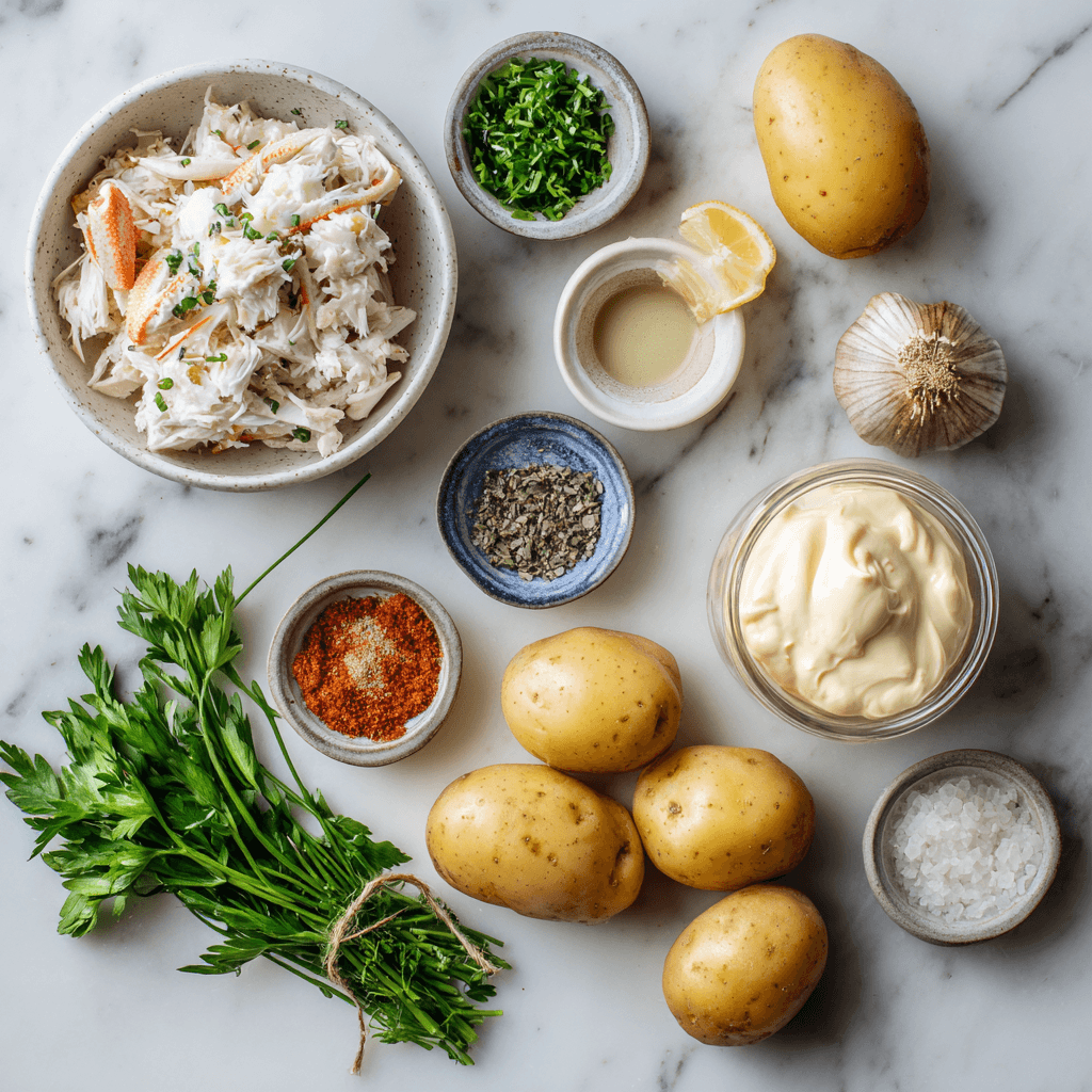 Fresh ingredients for Gordon Ramsay crab potato salad recipe including crab meat and baby potatoes
