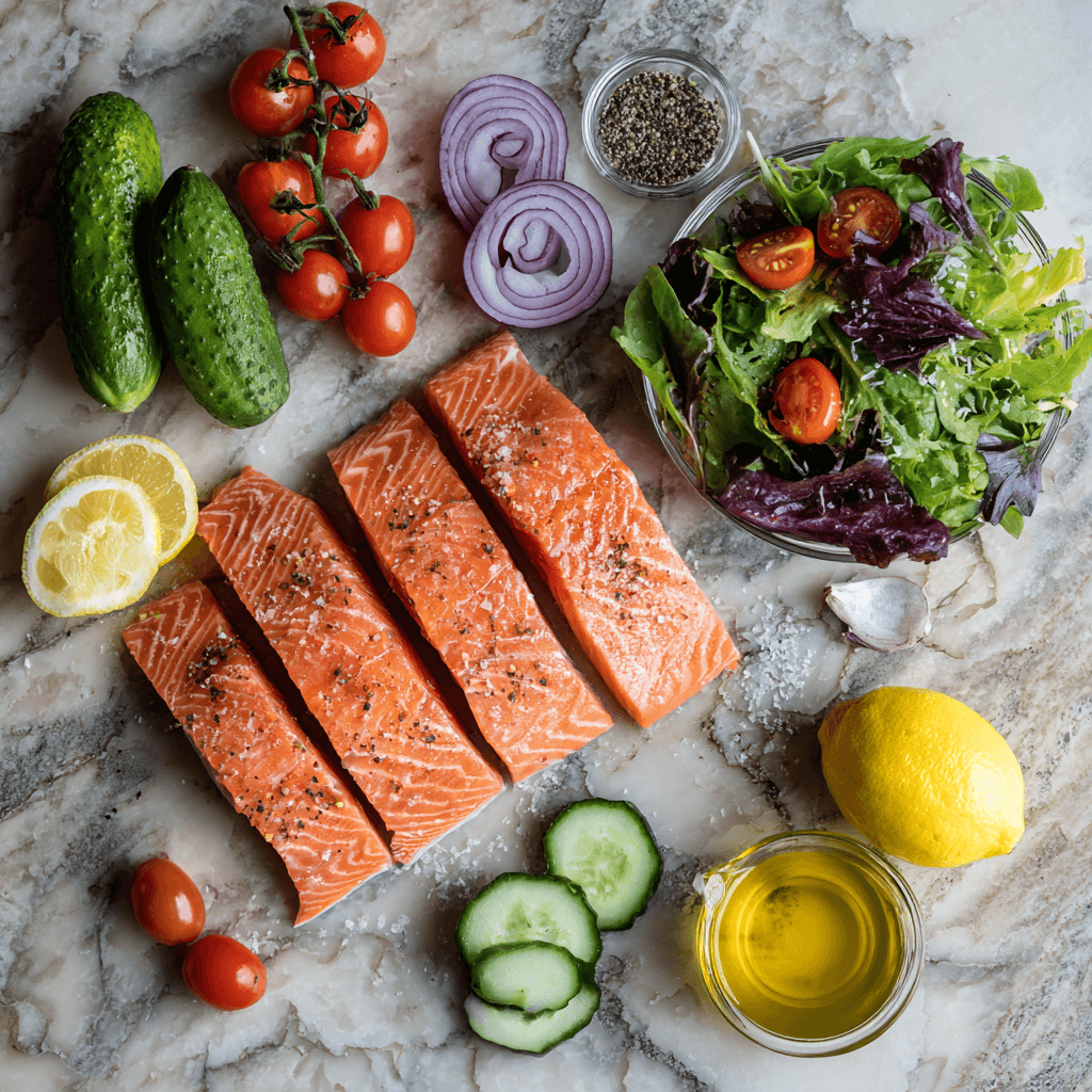 Fresh ingredients for Gordon Ramsay salmon salad recipe including salmon fillets and crisp vegetables