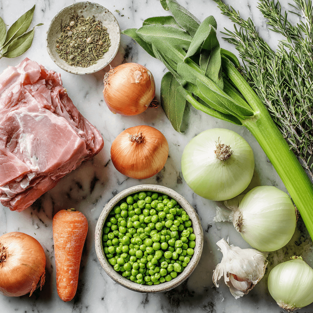 Ingredients for Gordon Ramsay pea and ham soup laid out on marble surface including split peas and ham hock