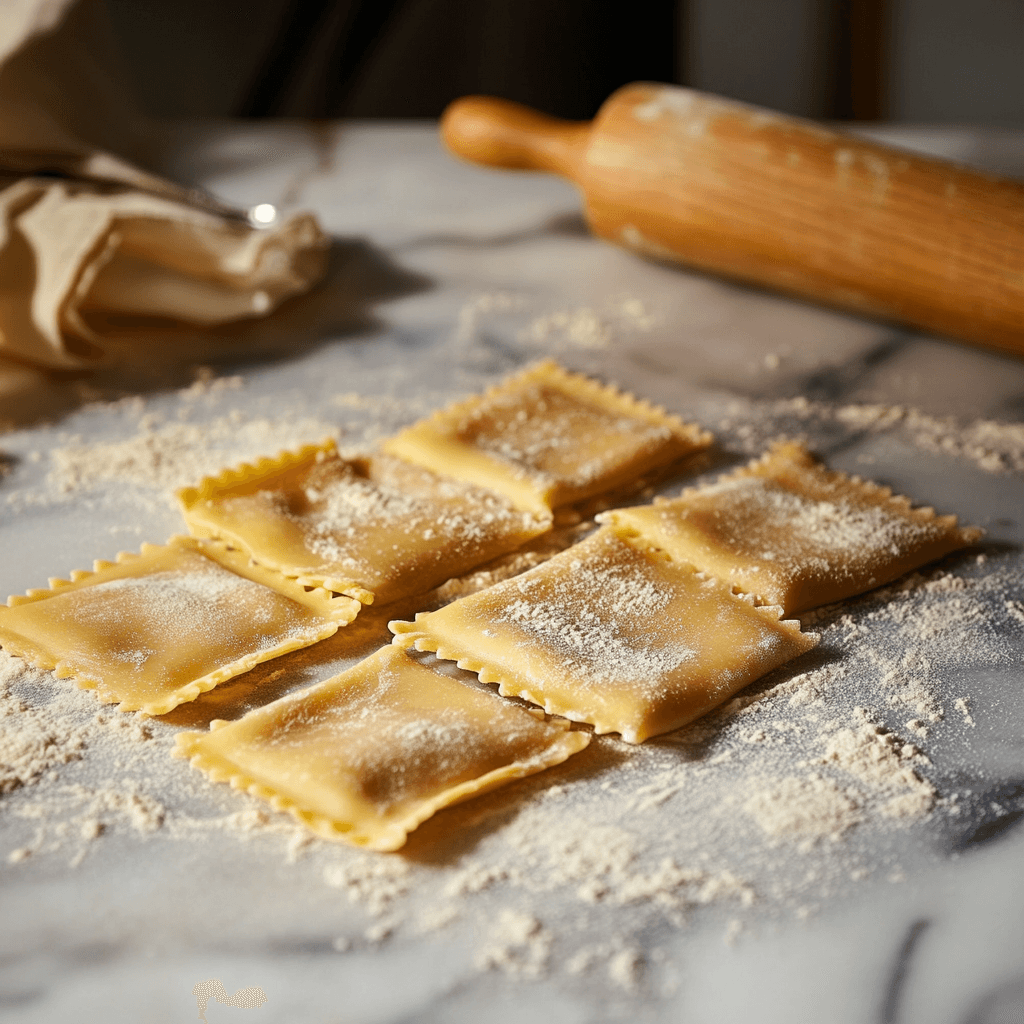Gordon Ramsay ravioli dough recipe rolled perfectly on marble counter with flour