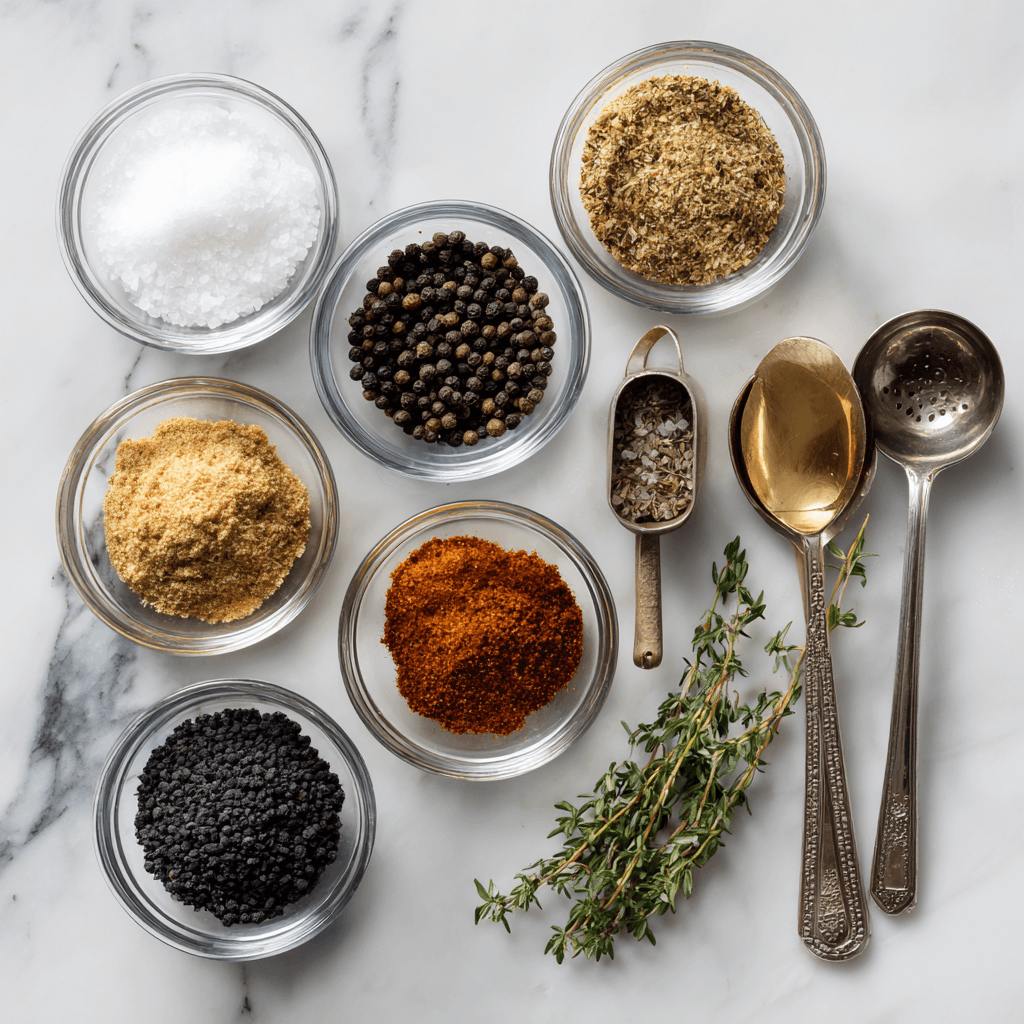 Gordon Ramsay steak seasoning ingredients laid out including sea salt, pepper, and herbs