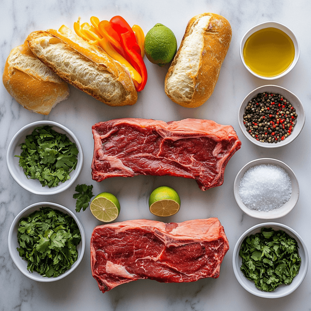 Fresh ingredients for Gordon Ramsay Puerto Rican Style Steak Sandwich arranged on dark slate background