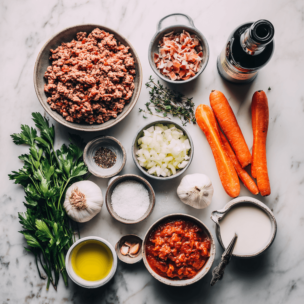 Fresh ingredients for Gordon Ramsay bolognese sauce arranged on marble counter