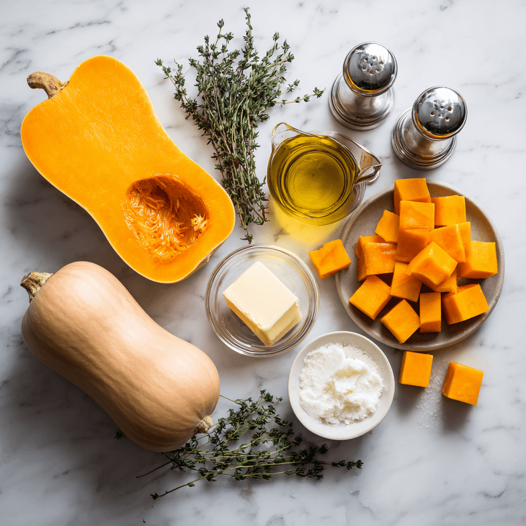 "Ingredients for Gordon Ramsay butternut squash puree recipe arranged on marble counter