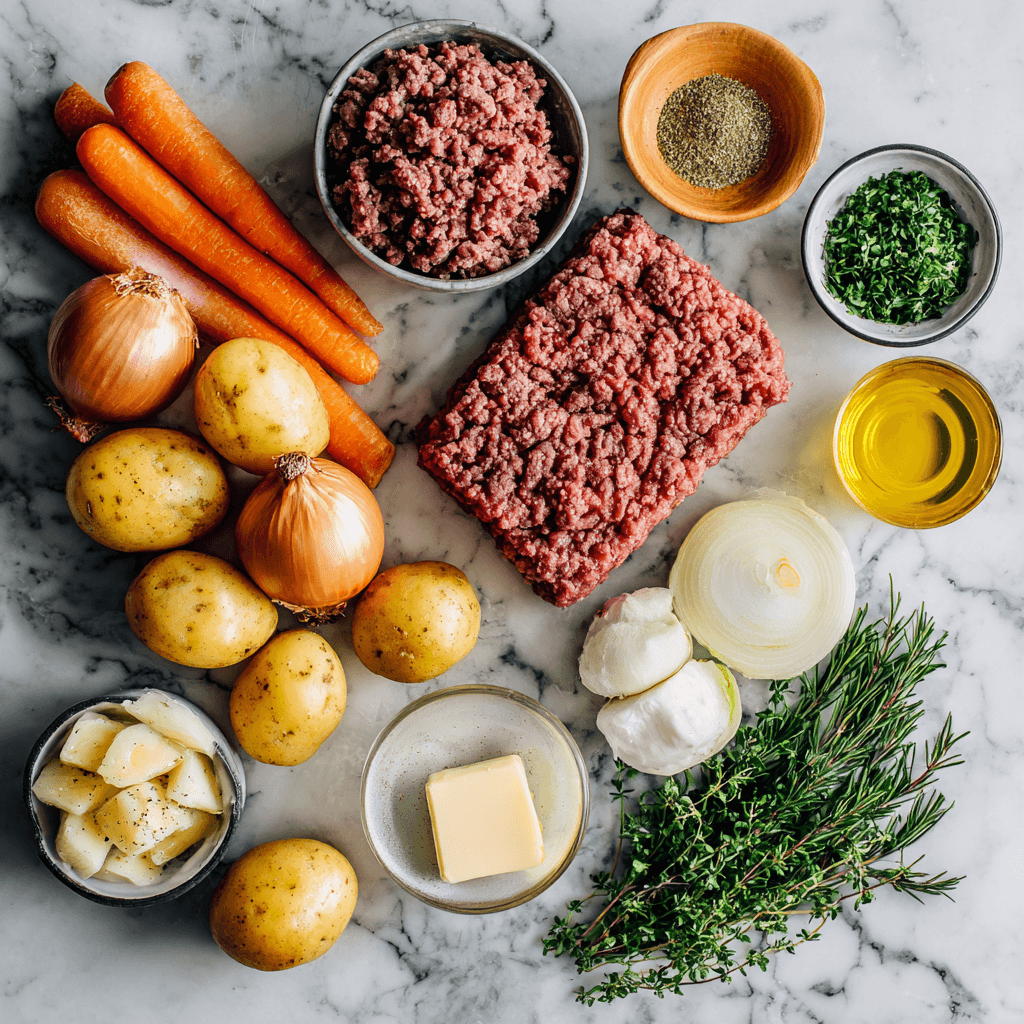 Fresh ingredients for Gordon Ramsay cottage pie recipe including beef and vegetables