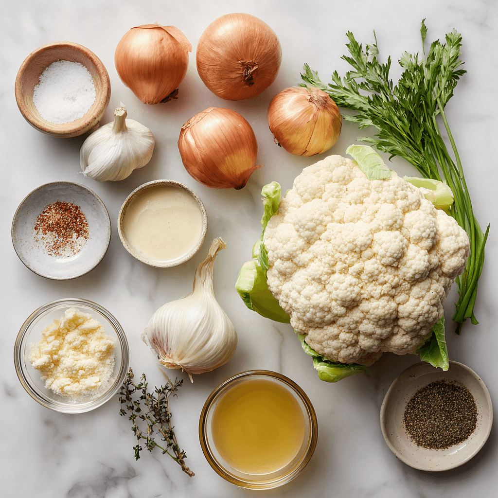 resh ingredients for Gordon Ramsay cauliflower soup including cauliflower, onions, and seasonings