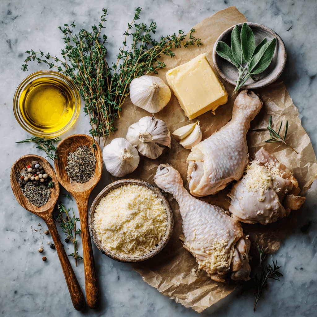 Ingredients for Gordon Ramsay stuffed chicken legs recipe laid out on marble surface