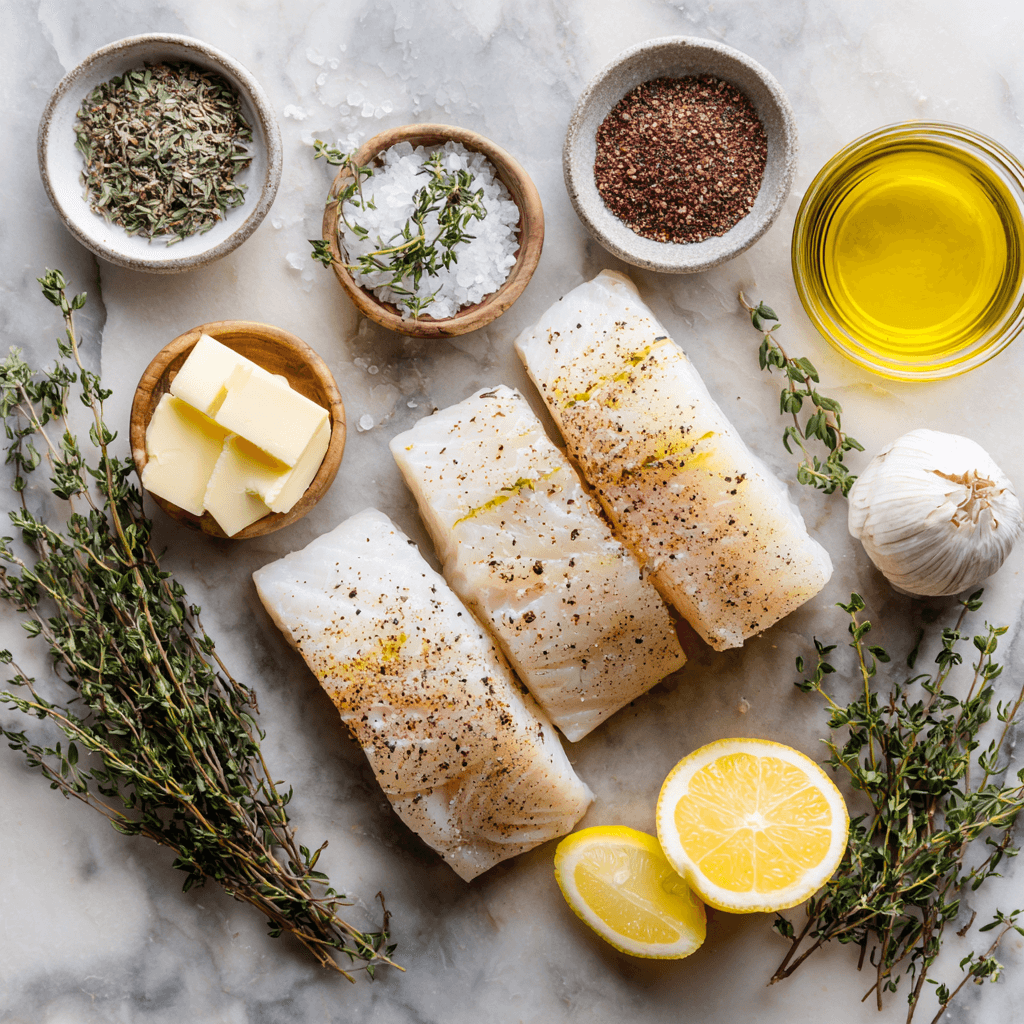 Fresh ingredients for Gordon Ramsay pan seared halibut recipe including fish fillets and seasonings