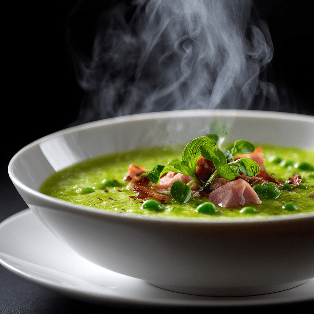 Gordon Ramsay pea and ham soup in white bowl with ham pieces and fresh herb garnish