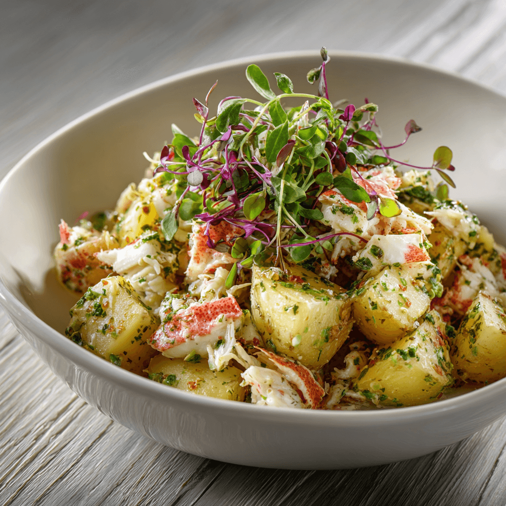 Gordon Ramsay crab potato salad with fresh crab meat and perfectly cooked potatoes in white bowl