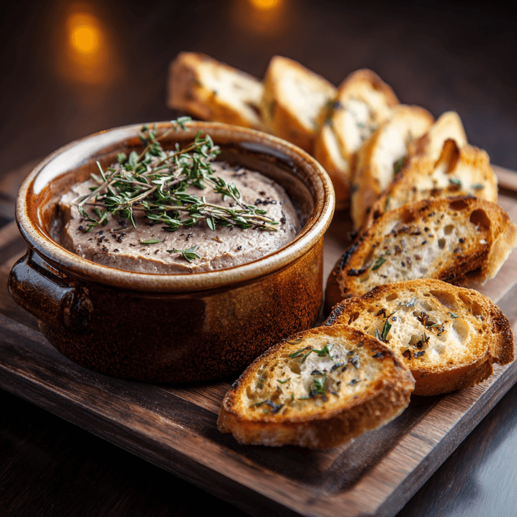 Gordon Ramsay Chicken Liver Pate served in ramekin with toasted bread and thyme garnish