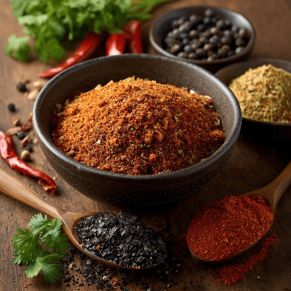 Gordon Ramsay steak seasoning blend in glass bowl with fresh herbs and raw steaks