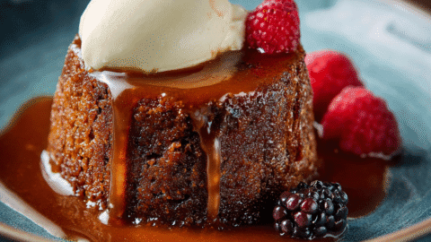 Gordon Ramsay sticky toffee pudding served warm with golden toffee sauce