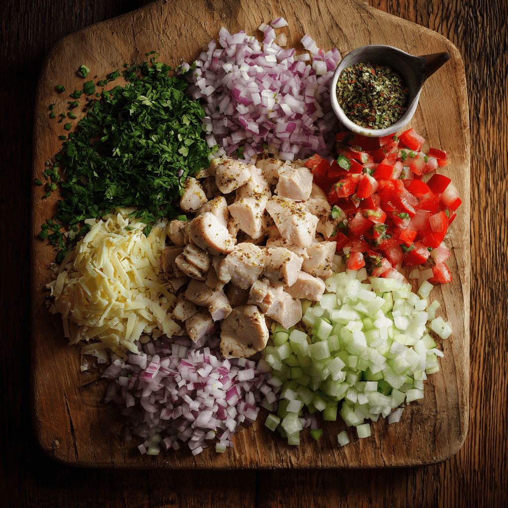 "Fresh ingredients needed for Gordon Ramsay chicken salad recipe including chicken breast, celery, and herbs"