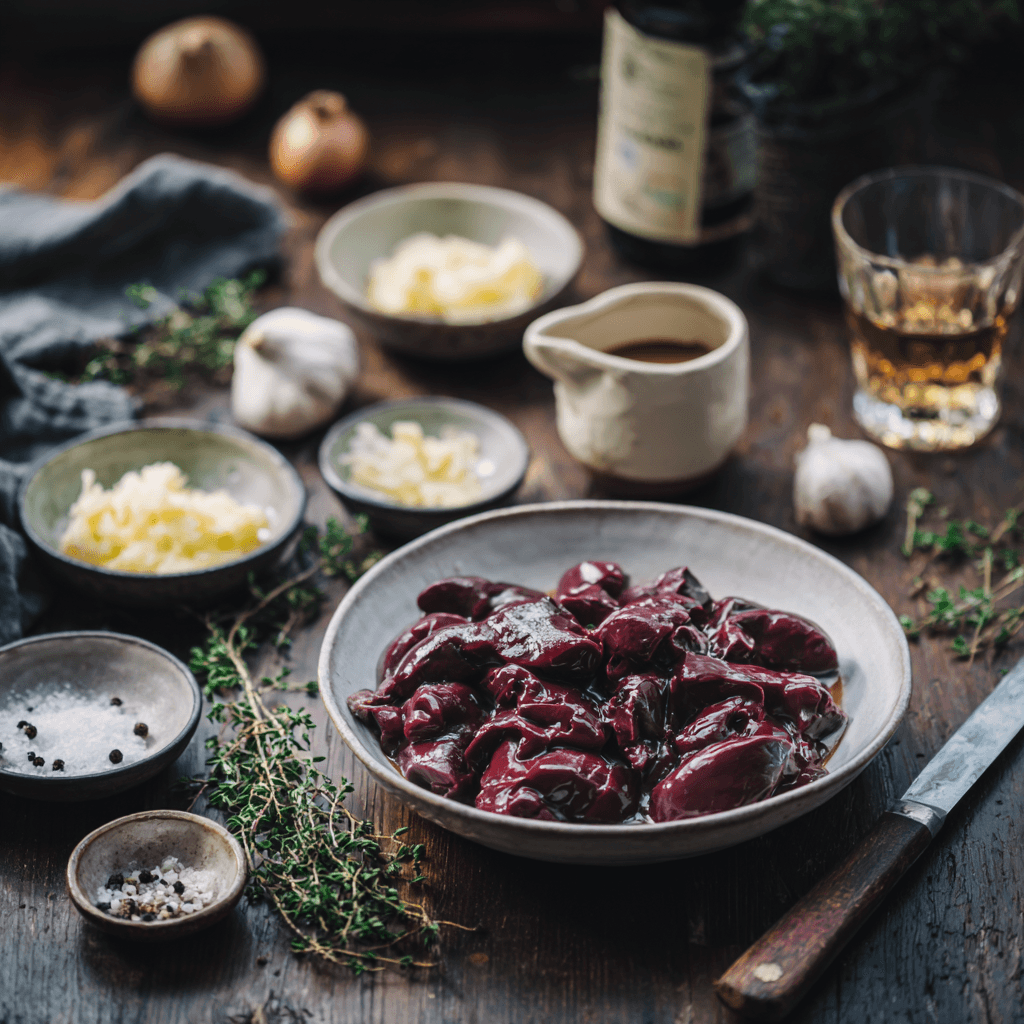 Flat lay of rustic kitchen prep scene on a moody dark wooden surface. In the center, a shallow white ceramic bowl filled with deep red raw chicken livers, glistening under soft natural light. Surrounding it are small ramekins containing softened unsalted butter, finely minced shallots and garlic, a vintage glass with brandy, a sprig of fresh thyme, a small pour of heavy cream in a stoneware cup, and a pinch bowl of white pepper and sea salt.