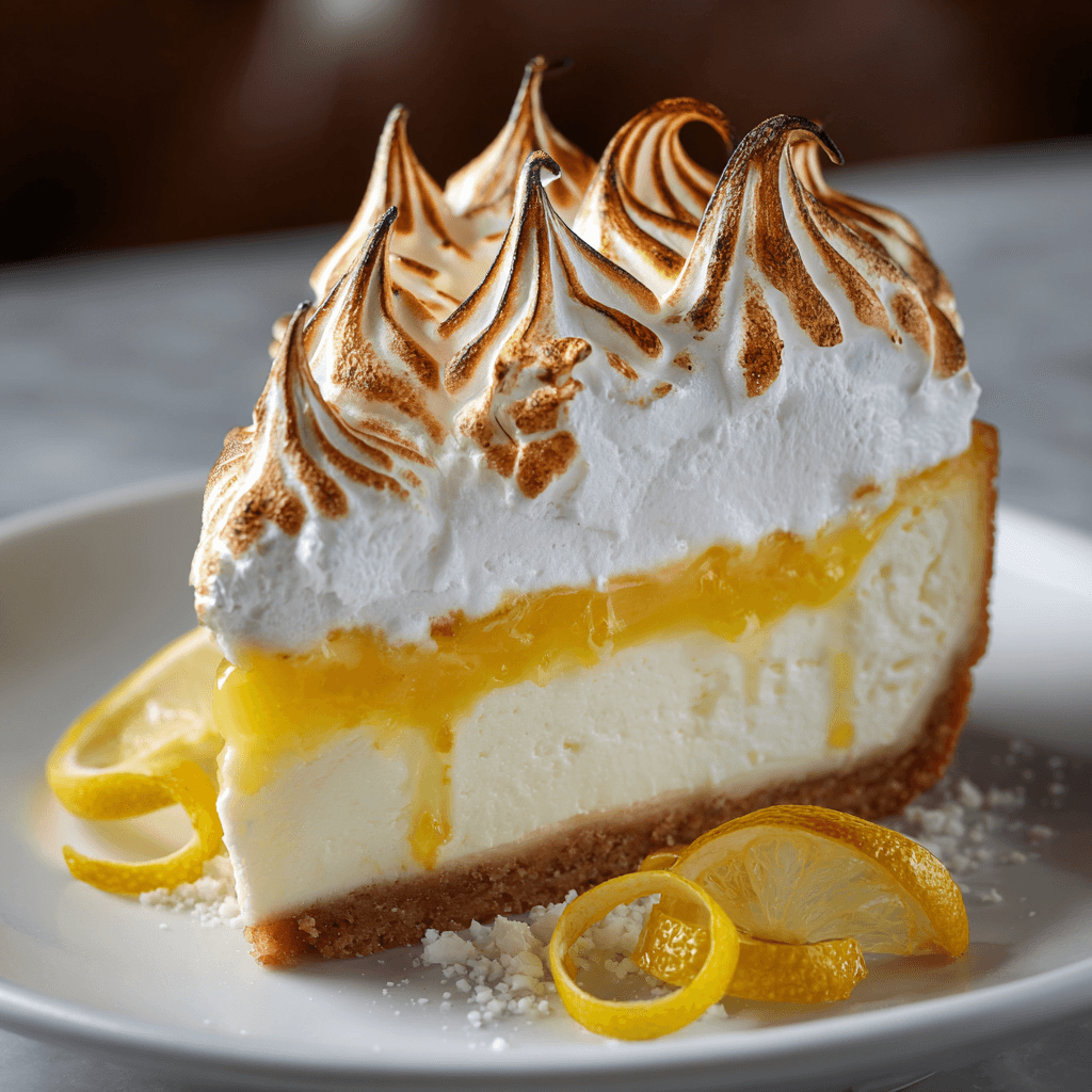 Slice of Gordon Ramsay lemon meringue cheesecake with torched meringue and lemon curd