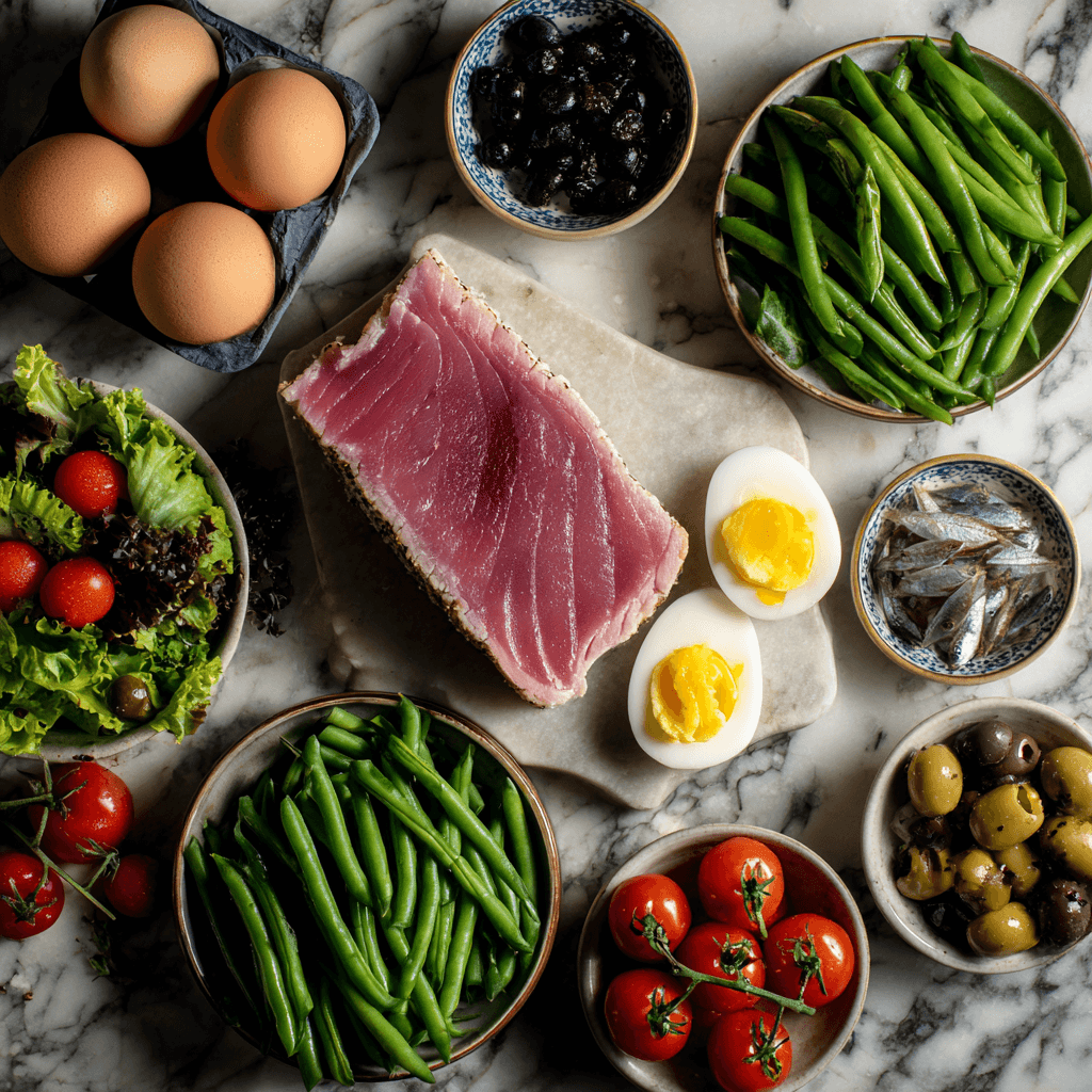 Fresh ingredients for Gordon Ramsay Tuna Nicoise Salad arranged on marble surface