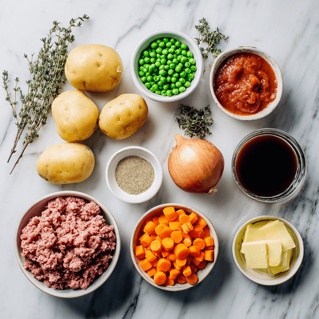 Fresh ingredients for Gordon Ramsay shepherds pie recipe arranged on marble counter