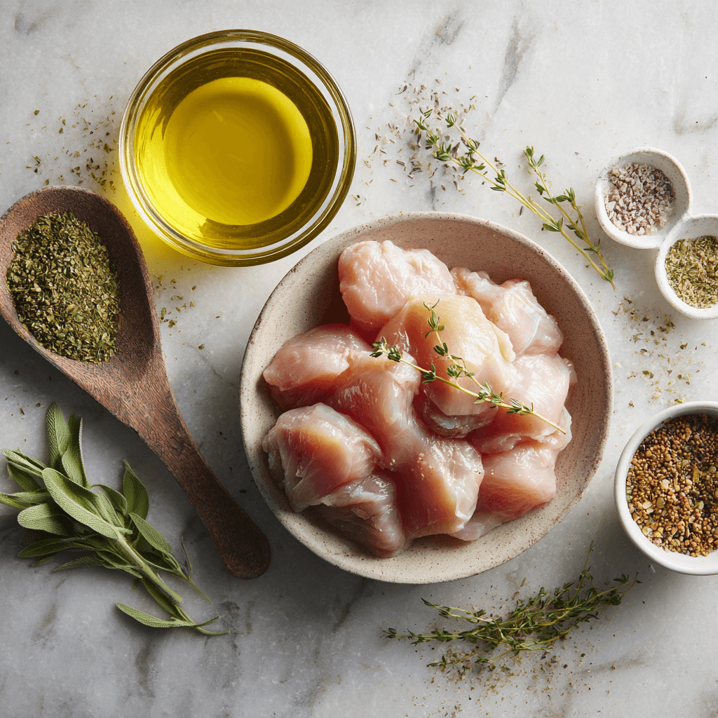 Fresh ingredients for Gordon Ramsay air fryer chicken recipe arranged on marble surface