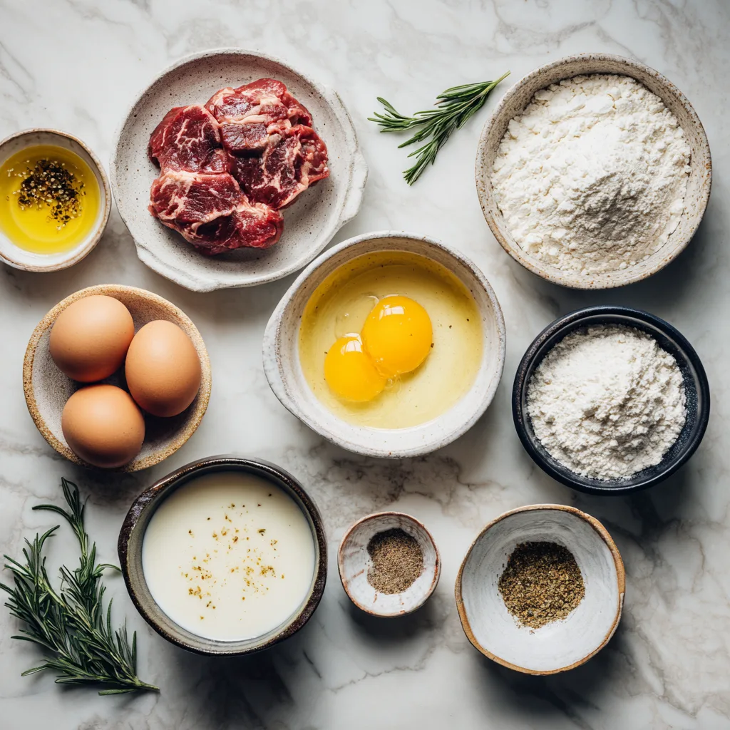 Chicken fried steak ingredients laid out including cube steaks, flour, eggs, buttermilk and seasonings