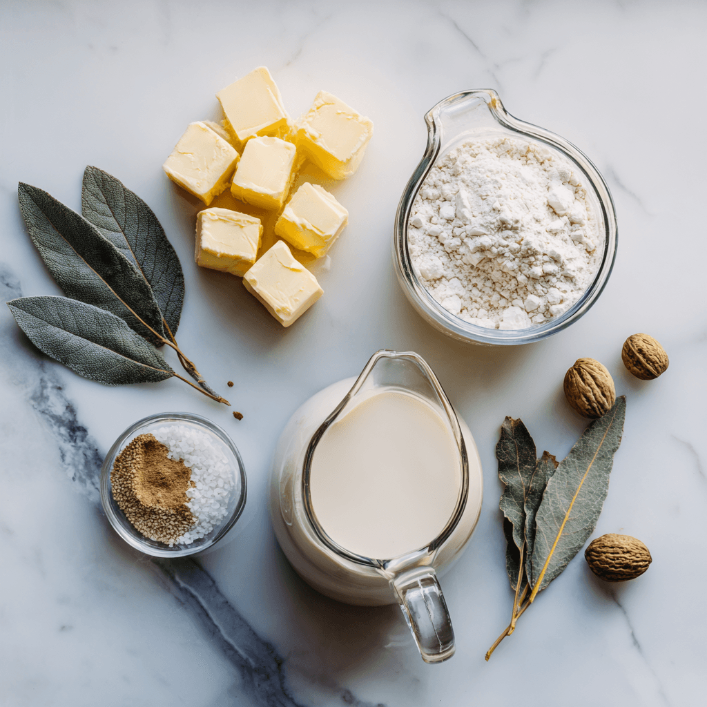 "Essential ingredients for Gordon Ramsay béchamel sauce recipe arranged on marble surface