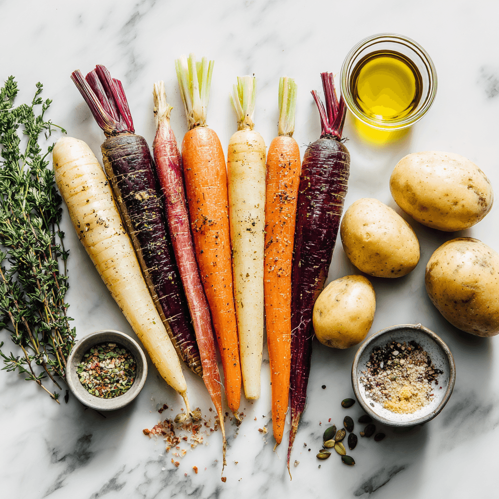 Fresh root vegetables and crushed pepitas ingredients for Gordon Ramsay recipe