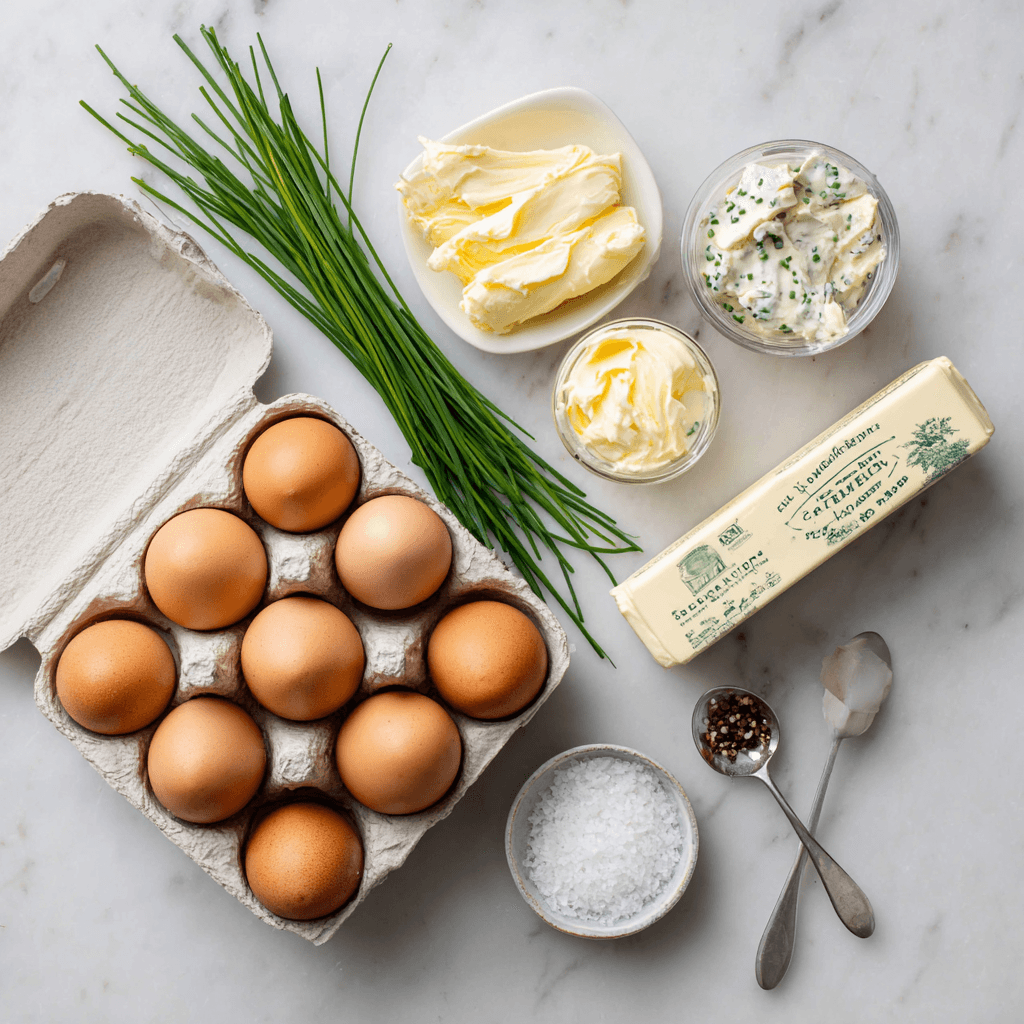 Ingredients for Gordon Ramsay scrambled eggs including eggs, butter, and crème fraîche