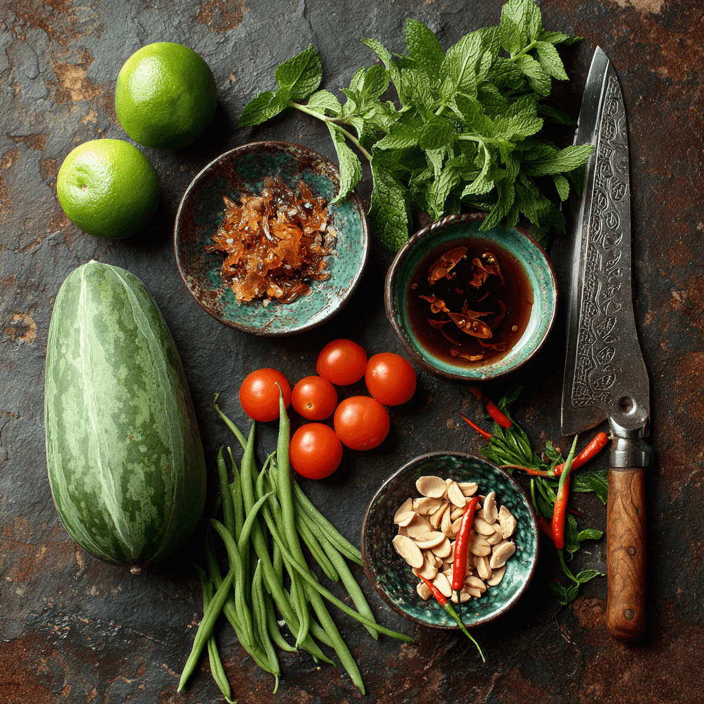Raw ingredients for Gordon Ramsay Green Papaya Salad on slate background