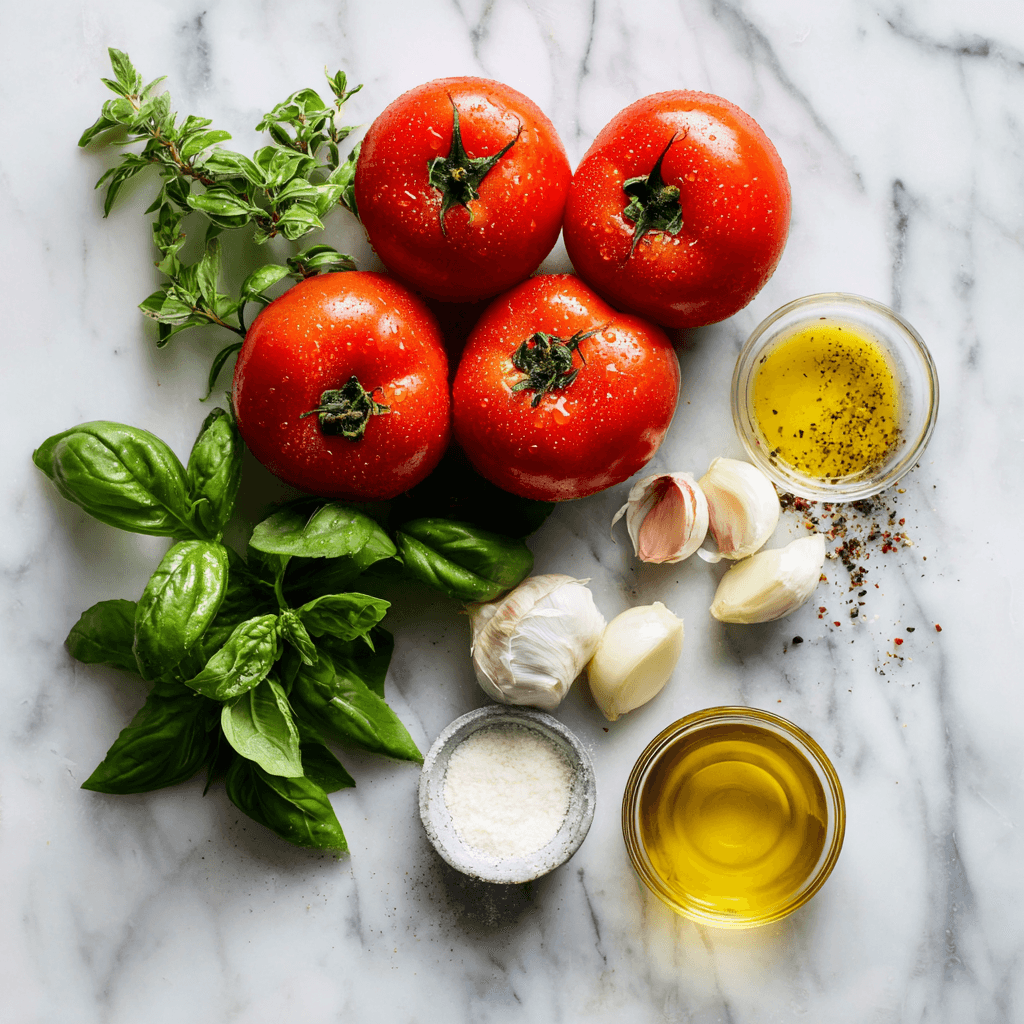 Ingredients for Gordon Ramsay roasted tomato soup including fresh tomatoes and herbs