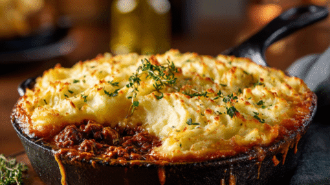 Gordon Ramsay style shepherds pie with golden mashed potato topping in cast iron skillet