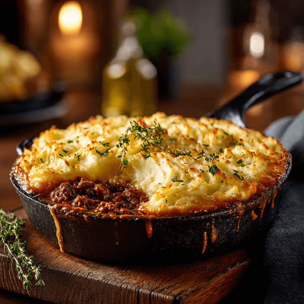 Gordon Ramsay style shepherds pie with golden mashed potato topping in cast iron skillet