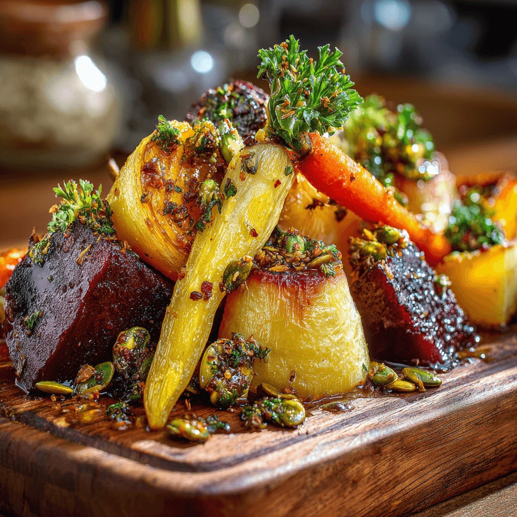 Gordon Ramsay roasted root vegetables with crushed pepitas served on wooden board