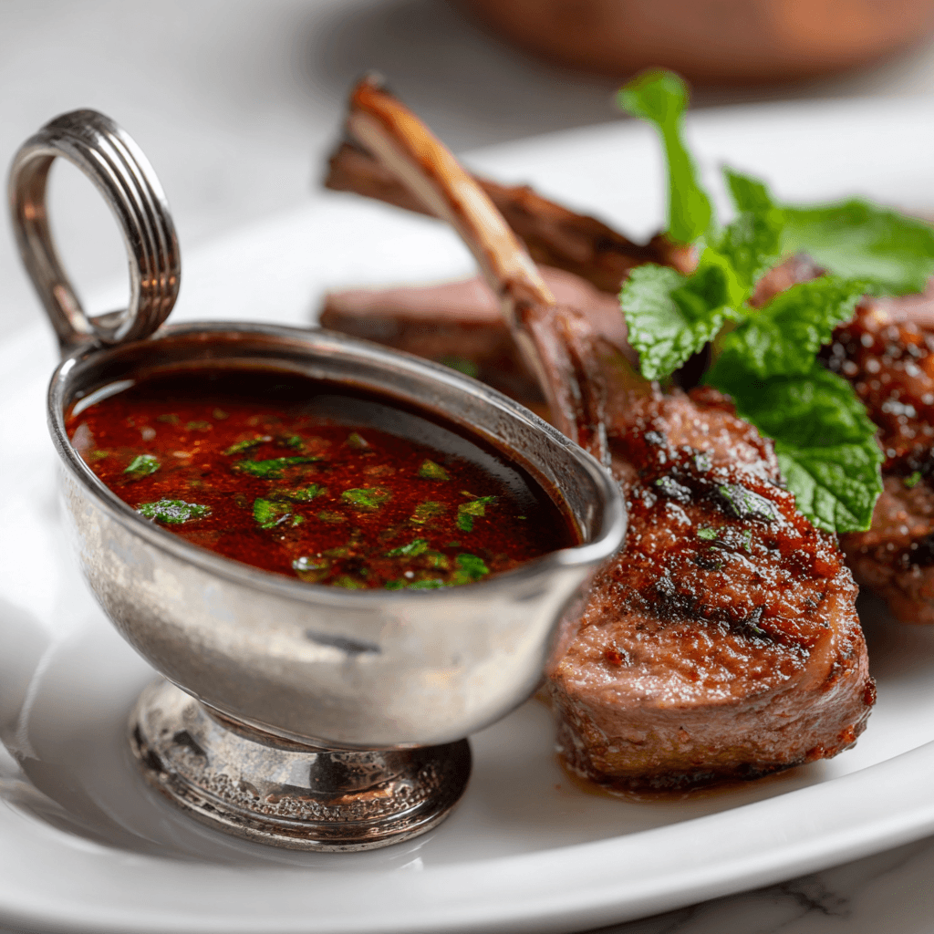 Fresh ingredients for Gordon Ramsay lamb sauce recipe including red wine, mint, and aromatics