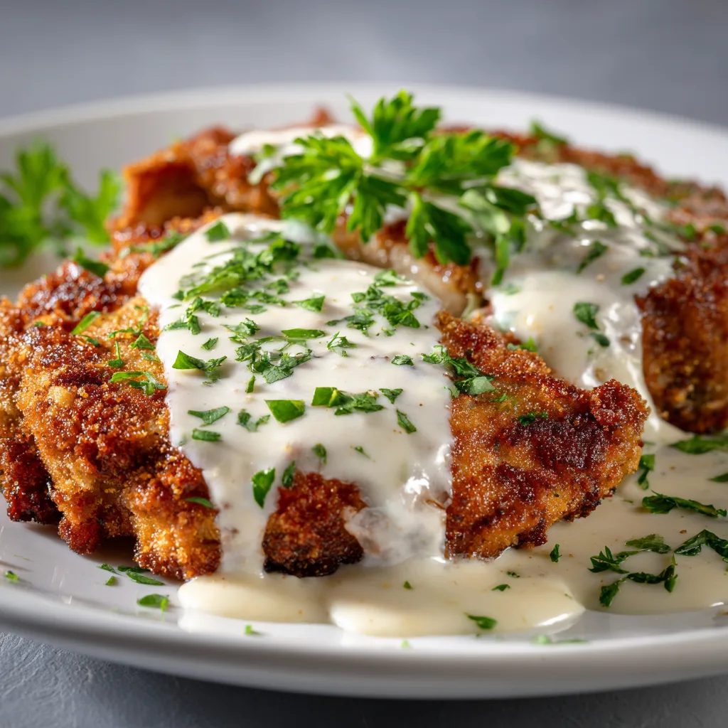 Gordon Ramsay style chicken fried steak with golden crispy coating and white gravy on elegant white plate