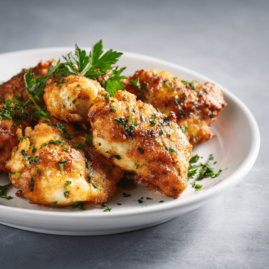 Golden crispy Gordon Ramsay style air fryer chicken pieces on white plate with herb garnish