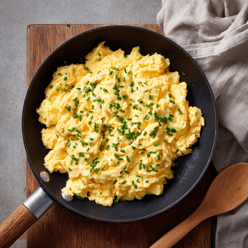 Creamy Gordon Ramsay style scrambled eggs in a pan with fresh chives