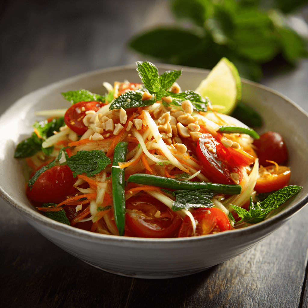 Gordon Ramsay Green Papaya Salad served in a white bowl with lime and herbs
