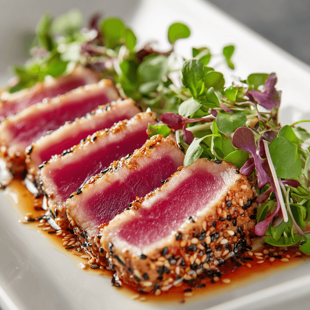Gordon Ramsay style seared tuna steak sliced showing perfect pink interior